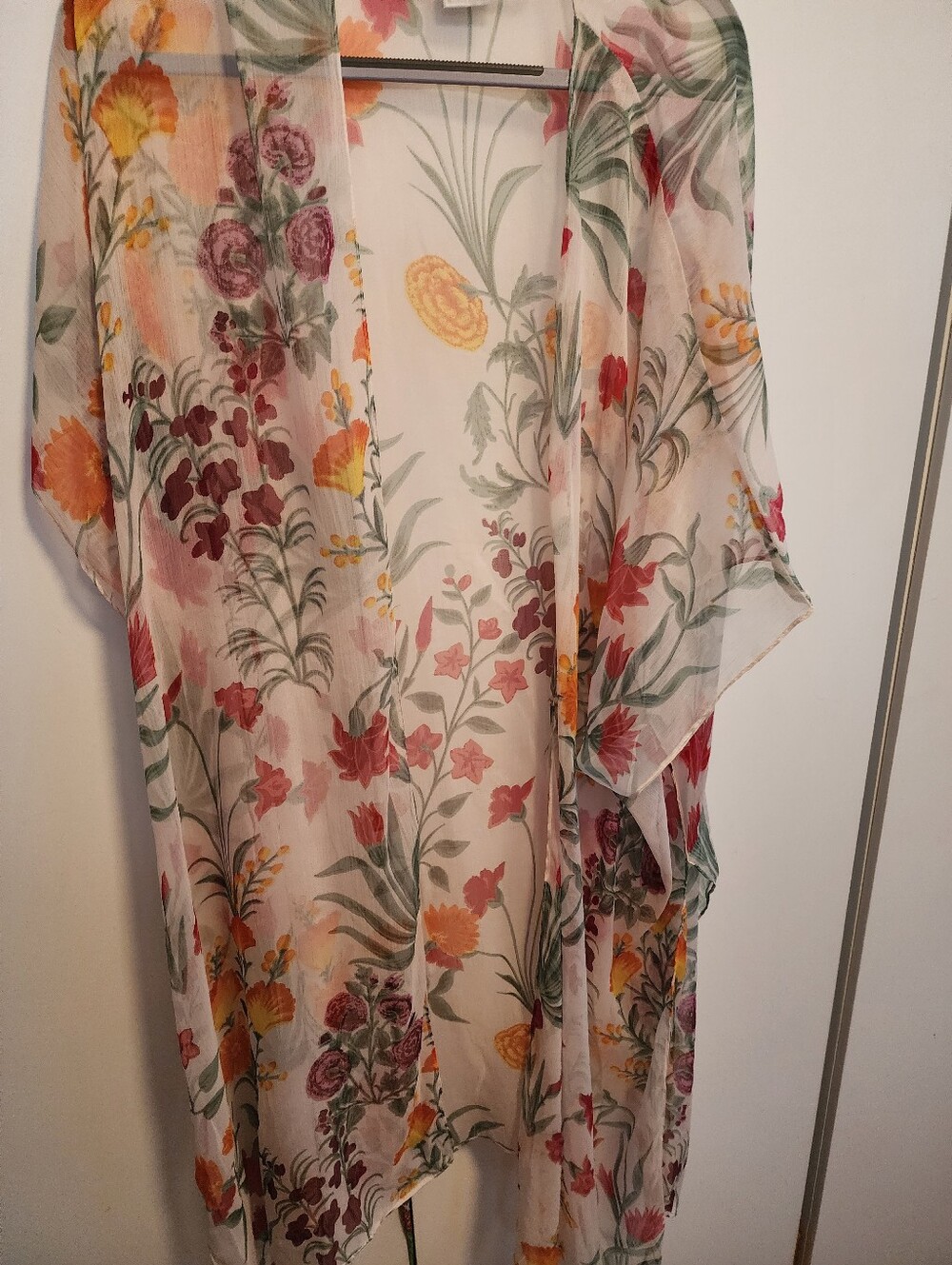 Floral Sheer Kimono Cover-Up in Cream with Multi-Colored Blooms